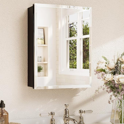 TETOTE 14 x 18 Medicine Cabinet with Tempered Beveled Mirror Black Aluminum Cabinet DTC Hinges, 2 Stepless Adjustable Shelves, Recessed/Surface-Mounted