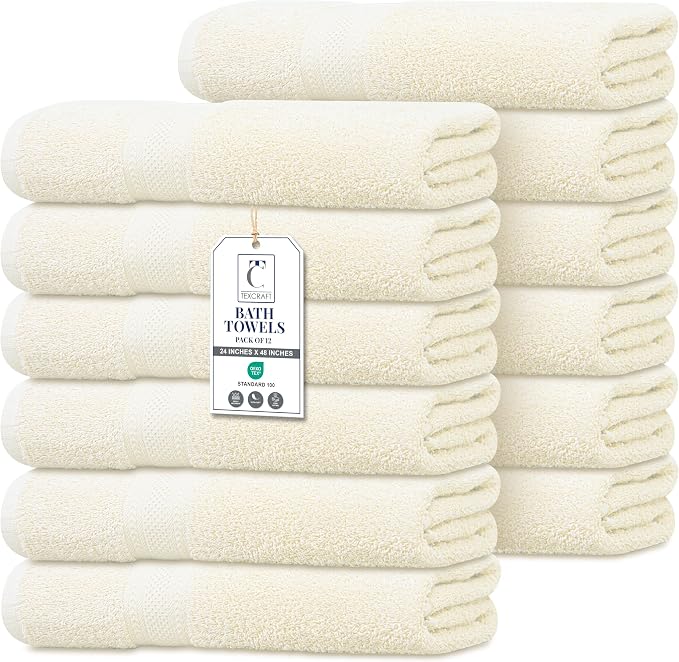 Commercial Bulk Pack of 12 Bath Towels – 100% Cotton Terry 24" x 48" – Ideal for Hotels, Salons, Gyms, Spas & Institutional Use – Ivory