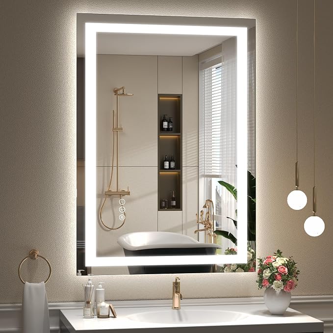 24x36 LED Lighted Bathroom Mirror for Vanity Wall | Front Light and Backlit, Anti-Fog, Memory, 3 Color, Tempered Glass, Dimmable, Rectangular, UL, Horizontal/ Vertical Mounted