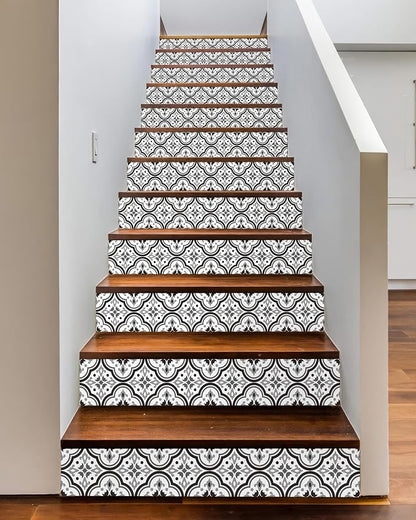 FLFK Stair Riser Decals,Black Patterns Vinyl Sticker for Stairs Decoration,14Pcs 39.3"X7.08"