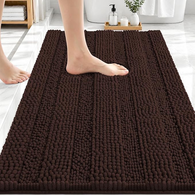 OLANLY Thick Bathroom Rugs 30x20, Soft Chenille Striped Bath Rugs, Brown | Rubber Backing, Machine Wash, Extra Absorbent Bath Mats for Bathroom Floor, Tub and Shower, Home Decor Accessories