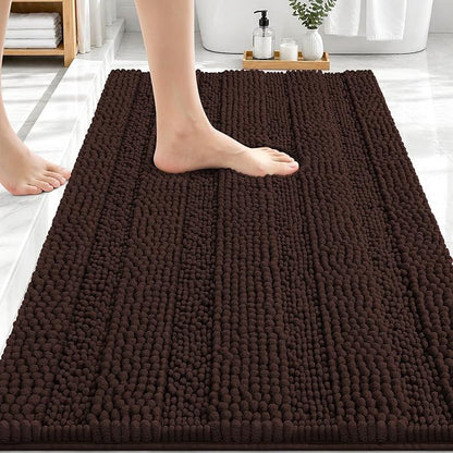 OLANLY Thick Bathroom Rugs 30x20, Soft Chenille Striped Bath Rugs, Brown | Rubber Backing, Machine Wash, Extra Absorbent Bath Mats for Bathroom Floor, Tub and Shower, Home Decor Accessories