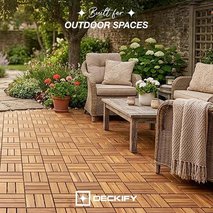 9-Piece Acacia Wood Interlocking Deck Tiles, Golden Teak Crossed | 12-Slat Cross Drainage, Non-Slip Grip, 490 lb Capacity, Protective Oil-Rubbed Finish, Flat-Surface Install, Patio Ready
