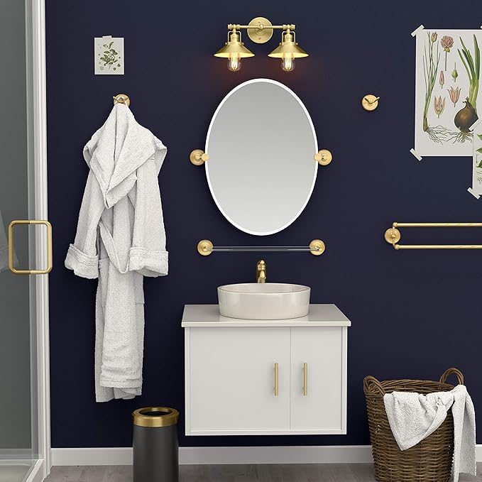 Gatco 5057 Designer II Bathroom Glass Shelf, Floating Rectangle Tempered Glass, Brushed Brass, Wall Mounted Shower Storage Shelf, 22.5 x 5.85 Inch