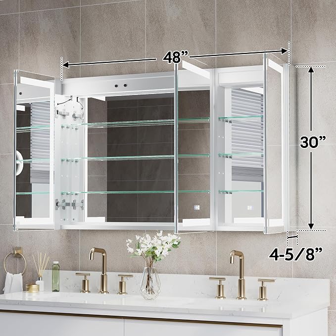 WELLFOR 48" X 30" Bathroom LED Medicine Cabinet with Mirror, Medicine Cabinet with Lights, Bathroom Mirror with Storage, Dimmer, Defogger, Outlets & USB Ports, Lighted Mirror Cabinet