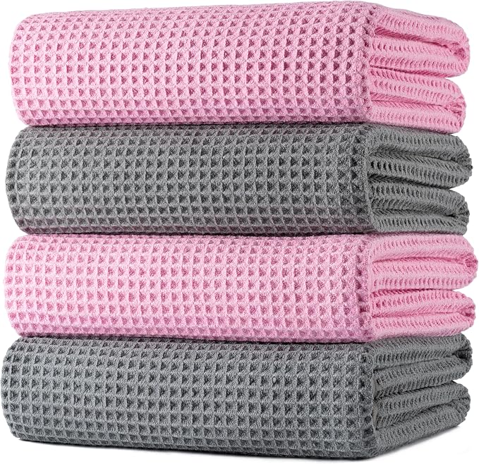 POLYTE 430 GSM Poly Blend Microfiber Quick Dry Waffle Bath Towel, 30x60 in | 4 Pack, Oversize, Lint Free, Body Towel