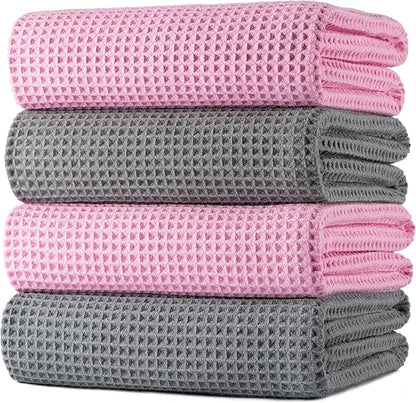 POLYTE 430 GSM Poly Blend Microfiber Quick Dry Waffle Bath Towel, 30x60 in | 4 Pack, Oversize, Lint Free, Body Towel