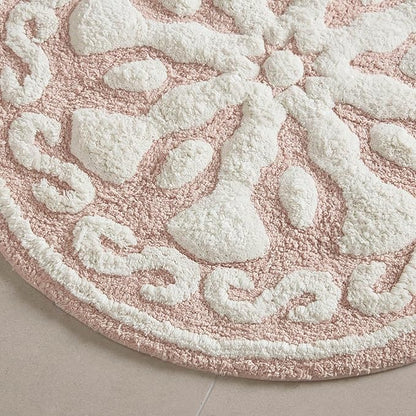 Madison Park Casablanca 100% Cotton Tufted Bathroom Rugs Luxurious Plush Medallion Floral Pattern Bath Mat Absorbent, Quick Dry, Spa Design Shower Room Décor, Round 25", Pink
