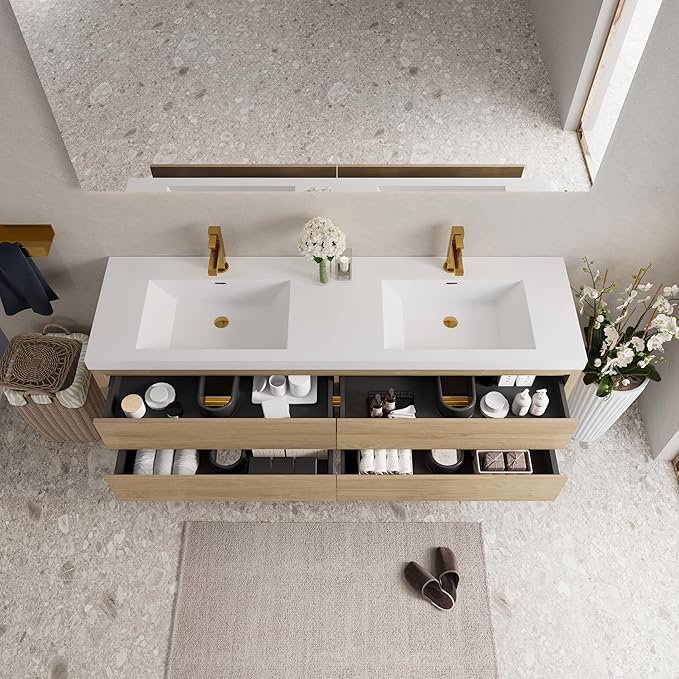 72" Wall-Mounted Bathroom Vanity with Sink | Waterproof Coating, 4 Drawers Floating Cabinet | Stone Resin Countertop & Soft Close Drawers | Modern Storage Solution, Natural Oak