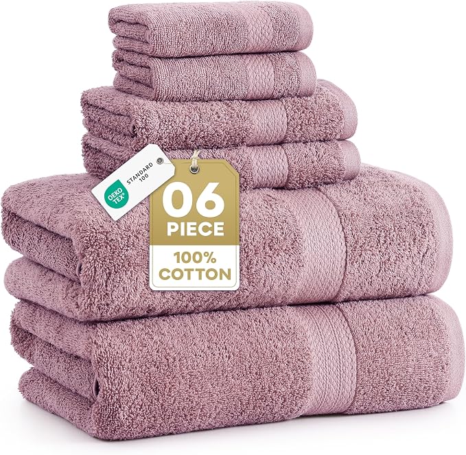 LANE LINEN Large Bath Towel Set Absorbent Quick Dry 6 Piece - Wishful Mauve | Cotton Towels - Fade-Resistant Color, Classic Terry Weave, Densely Woven, Coordinated Colors, Dobby Border Accent