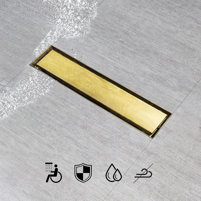 SaniteModar Linear Shower Drain 12 inch Brushed Gold with Tile Insert Panel | AISI 304 Stainless Steel Brushed Gold Linear Dain Rectangle Shower Floor Drain with Hair Strainer and Leveling Feet
