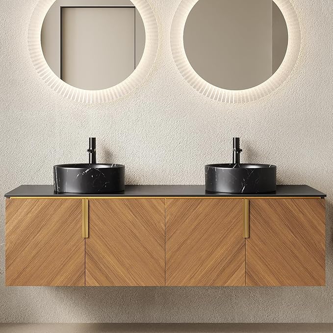 60" Double Sink Bathroom Vanity with Sink Combo, Floating Vanity with Vessel Sink, Wall-Mounted Plywood Bathroom Vanity Storage Cabinet with 4 Doors & 2 Black Round Basin, Brown Oak