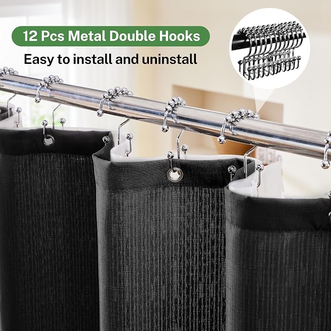 3 in 1 Shower Curtain Set, 72x84 Black Shower Curtain and Liner Set with 12 Double Sided Shower Curtain Hooks, Cloth Shower Curtains for Bathroom,Waterproof