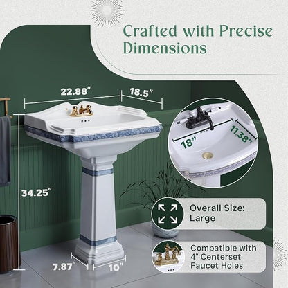 Renovators Supply Manufacturing India Reserve 23" W x 34.25" H x 18.5" Proj. Ornate Blue Gold Bathroom Pedestal Sink, Vitreous China, Compatible with 4 in. Centerset Faucets
