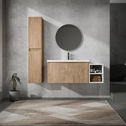 Henf 48" Floating Bathroom Vanity with Sink for Compact Space, Brown Wall Mount Bathroom Vanity Cabinet with Sink Combo, 48 Inch Bathroom Vanities Set with Open Storage Shelf & 2 Side Cabinet