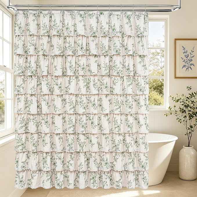 Extra Long Farmhouse Ruffle Shower Curtains with Green Floral, 72"Wx90"L | French Country Vintage Rustic Washable Waterproof Shower Curtain for Bathroom Bathtub, 12 Metal Hooks