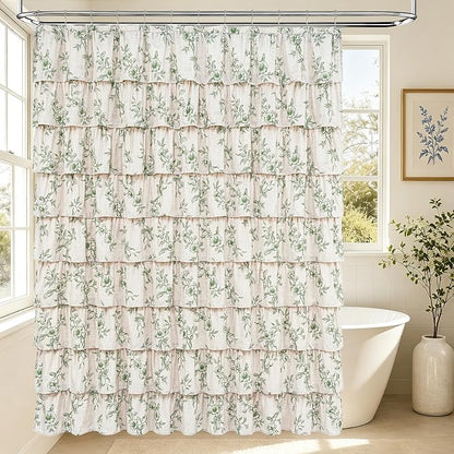 Extra Long Farmhouse Ruffle Shower Curtains with Green Floral, 72"Wx90"L | French Country Vintage Rustic Washable Waterproof Shower Curtain for Bathroom Bathtub, 12 Metal Hooks