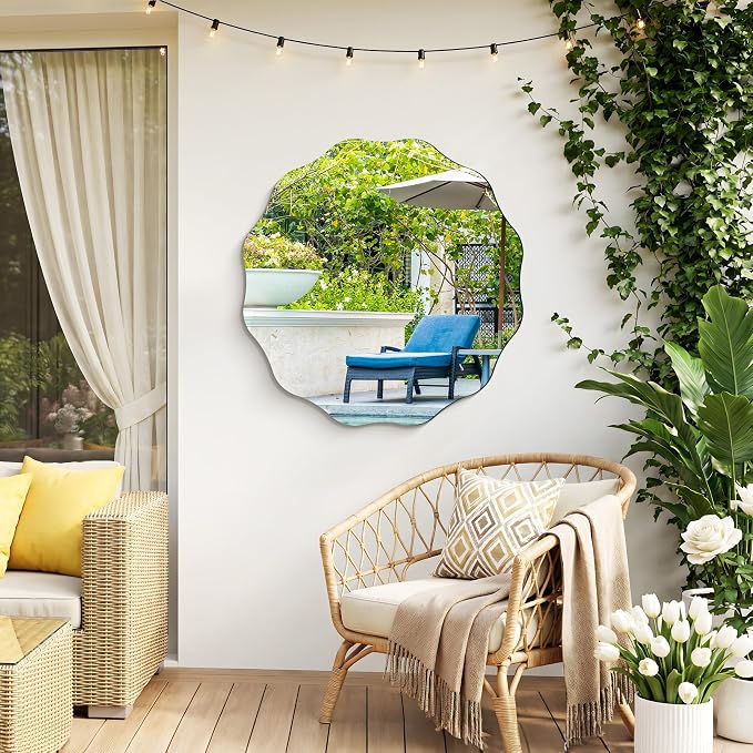 CILIBER Wavy Mirror for Wall, 28'' Scalloped Frameless Round Mirror, 3mm Tempered Glass Decorative Bathroom Vanity Mirror, Mounting/Leaning for Mantel, Living Room, Bedroom and Entryway