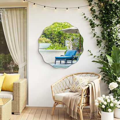CILIBER Wavy Mirror for Wall, 28'' Scalloped Frameless Round Mirror, 3mm Tempered Glass Decorative Bathroom Vanity Mirror, Mounting/Leaning for Mantel, Living Room, Bedroom and Entryway