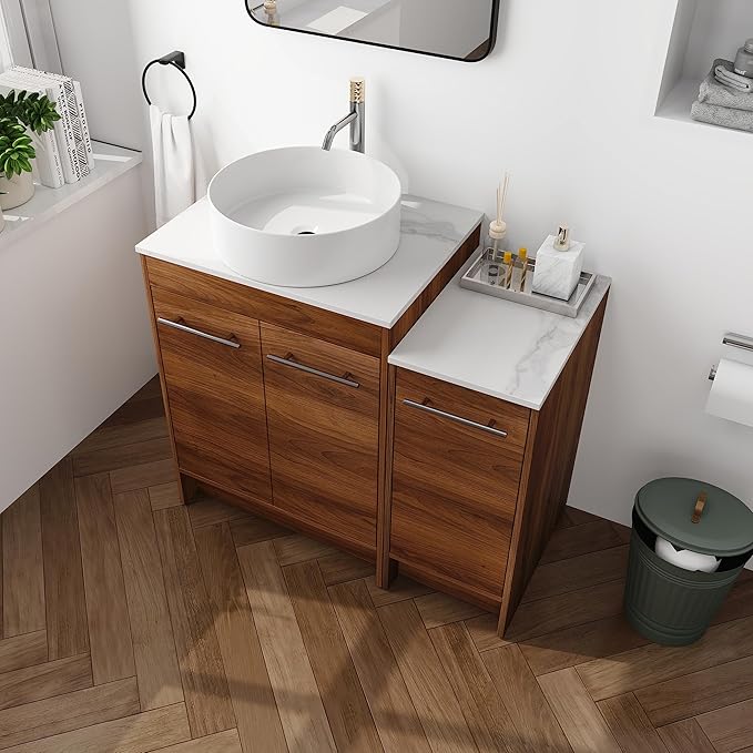 36" Bathroom Vanity, 36" Inch Freestanding Vanity with Ceramic Vessel Sink, Modern Single Sink Bathroom Vanity Combo, Brown Floor Stand Storage Cabinet Set(BRE400, 36 * 18)