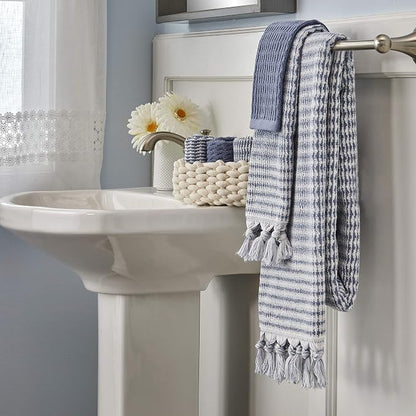 SKL Home Longborough Hand Towel Set-2pc, 100% Turkish Cotton, Denim Blue | 640 GSM weight. Spa-level quality. Soft & absorbent jacquard with tassels. For the bathroom, kitchen, bar or any sink space.