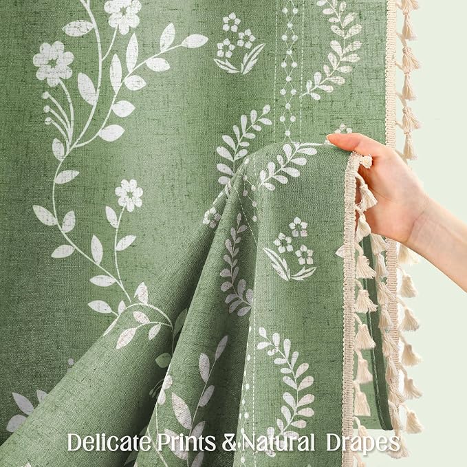 Boho Green Vintage Shower Curtain with Tassels 72 x 72 Inch | Bohemian Floral Linen Fabric Pattern Curtain Curtain For Bathroom