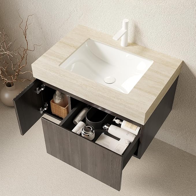 KEIKI 30 Inch Floating Bathroom Vanity with Sink, Espresso & Beige | Modern Wall Mounted Storage Cabinet w/ Drawer & Door, Pre-assembled Wood Panels, Sintered Stone Top & Ceramic Basin Combo Set