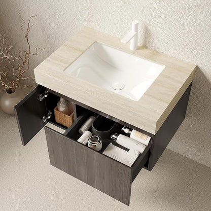 KEIKI 30 Inch Floating Bathroom Vanity with Sink, Espresso & Beige | Modern Wall Mounted Storage Cabinet w/ Drawer & Door, Pre-assembled Wood Panels, Sintered Stone Top & Ceramic Basin Combo Set