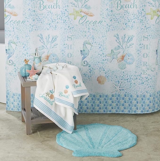 SKL Home South Seas Hand Towel Set-2pc, Coastal Embroidery, White | 100% Cotton. Soft, absorbent terry. For use in the bathroom, kitchen or bar. Great for Airbnb & beach décor.