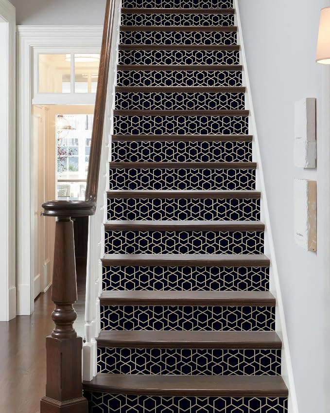 FLFK Stair Riser Decals,Rhombic Black and Gold Texture Vinyl Sticker for Stairs Decoration,14Pcs 39.3"X7.08"