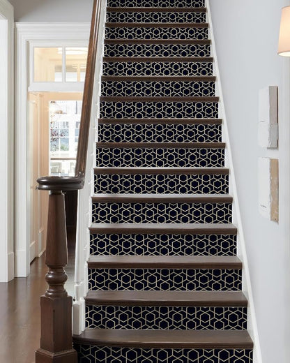 FLFK Stair Riser Decals,Rhombic Black and Gold Texture Vinyl Sticker for Stairs Decoration,14Pcs 39.3"X7.08"