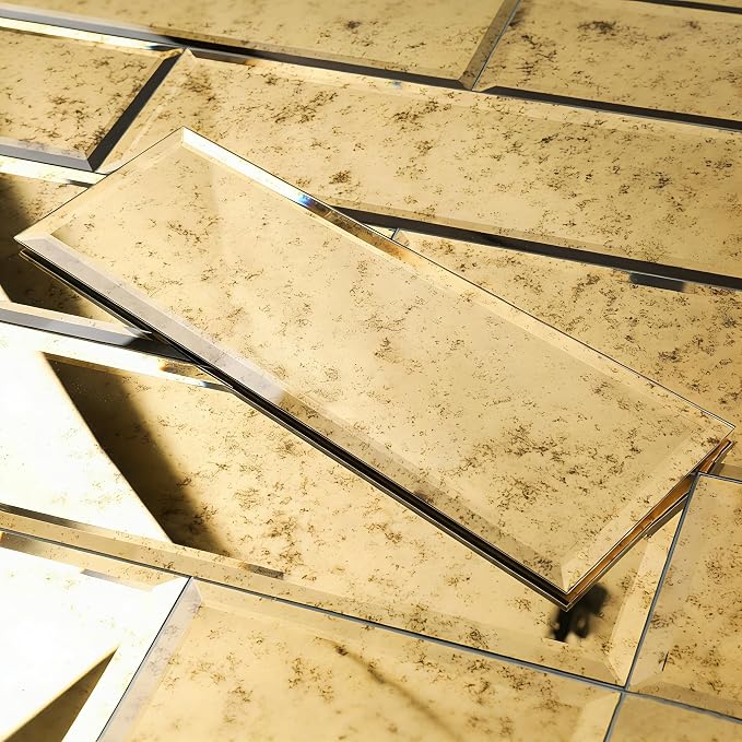 Peel and Stick Beveled Mirror Tile, Light Antique with Gold, 4x12 Inch, Mirror Backsplash for Kitchen Bar Bathroom Wall Tile (5 Sq.ft, 15 Pcs)