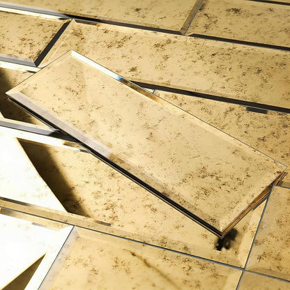 Peel and Stick Beveled Mirror Tile, Light Antique with Gold, 4x12 Inch, Mirror Backsplash for Kitchen Bar Bathroom Wall Tile (5 Sq.ft, 15 Pcs)