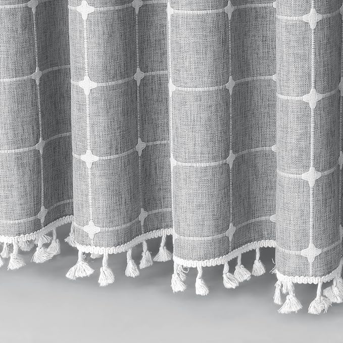 MitoVilla Boho Farmhouse Shower Curtain Set 72 x 78, Tan Brown 78 inch Long Polyester Linen Tassel Fabric Shower Curtain Set for Chic Cottagecore French Rustic Bathroom Decor
