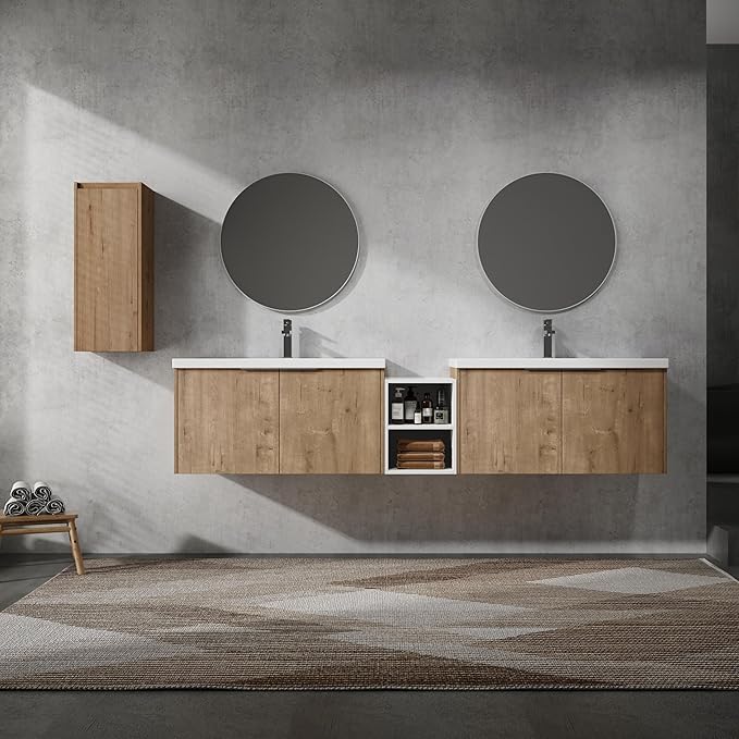 SSLine 84-Inch Double Sink Vanity Modern Wall Mounted Bathroom Vanity with Double Sink 84" Large Floating Bathroom Vanities Set with White Open Storage Shelf & 1 Side Cabinet,Brown White