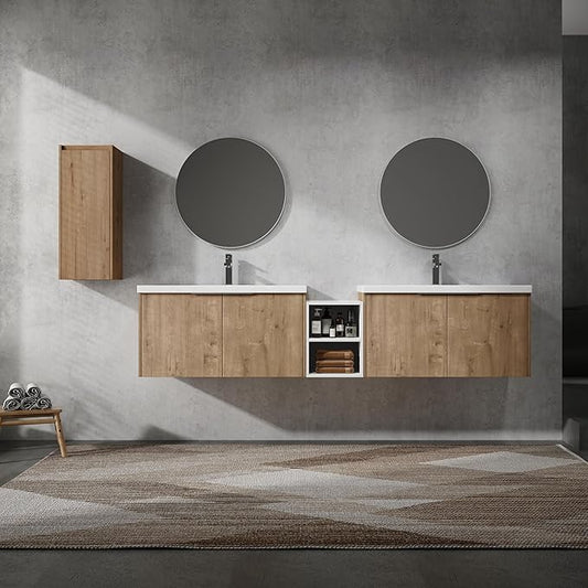 SSLine 84-Inch Double Sink Vanity Modern Wall Mounted Bathroom Vanity with Double Sink 84" Large Floating Bathroom Vanities Set with White Open Storage Shelf & 1 Side Cabinet,Brown White