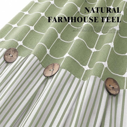 Farmhouse Shower Curtain Button Plaid-Green-Green Stripe 72"W x 72"L | Farmhouse Style, Chic Button, Striped, Linen Fabric, Rustic, Country, Natural Look, Washable, for Bathroom Bathtub