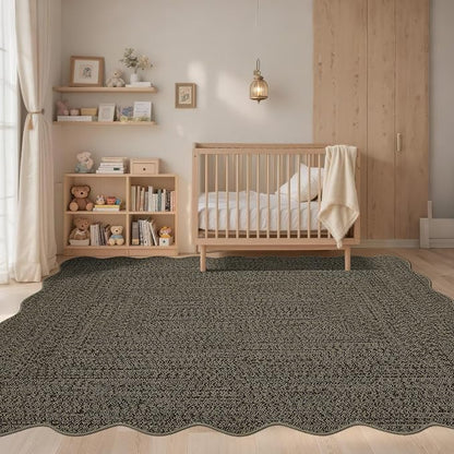 Imitation Braided Collection-Print 8x10 Area Rugs for Living Room Non-Slip Washable Rugs, Scalloped Large Carpet, Stain Resistant Ultra-Thin Foldable Floor Cover for Nursery Dining Room