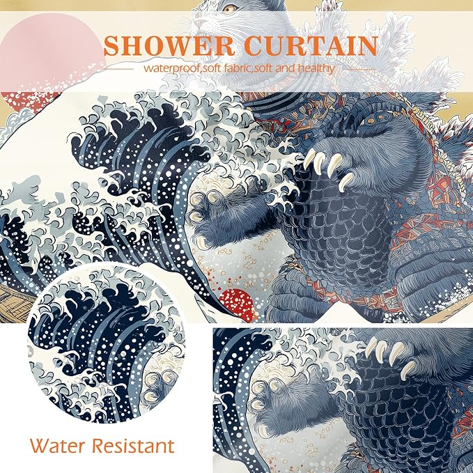 Aimego Funny Cat Shower Curtain Japanese Nautical Anime Ocean Sea Wave Cool Unique Asian Whimsical Humorous Bathroom Decor Bathtub Curtain Fabric Shower Curtain Set with 12 Hooks, 72"x72"