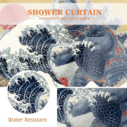 Aimego Funny Cat Shower Curtain Japanese Nautical Anime Ocean Sea Wave Cool Unique Asian Whimsical Humorous Bathroom Decor Bathtub Curtain Fabric Shower Curtain Set with 12 Hooks, 72"x72"