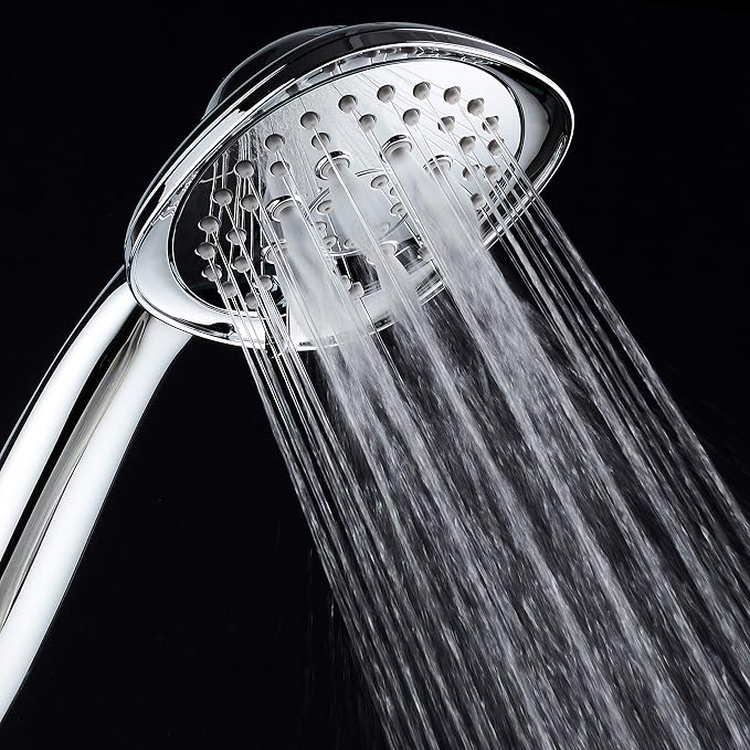 Luxury Square 6-setting High-Pressure Hand Shower. Extra-Long 72" Stainless Steel Hose, Bracket, Solid Brass Fittings, All-Chrome Finish. Premium Handheld Shower Head from Top American Manufacturer!