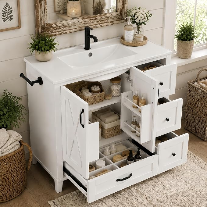 36" Bathroom Vanity with Sink, Freestanding Bathroom Cabinet | Ceramic Top & Backsplash, 4 Storage Drawers, X-Shaped Doors, Adjustable Shelving, Door Storage and Towel Bar, white