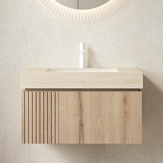30” Floating Bathroom Vanity with Sink, Wall-Mounted Cabinet with Drawer & Doors, Roma Travertine-Pattern Countertop, Undermount Basin, Single Faucet Hole, Soft-Close, Pre-Assembled, Light Oak