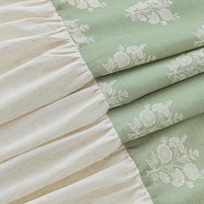 ORTIGIA Linen Textured Ruffle Shower Curtain with Metal Hooks, Green Vintage Block Print Floral Boho Waterproof Bath Curtain for Rustic Farmhouse Bathroom Decor 72x72 Inch