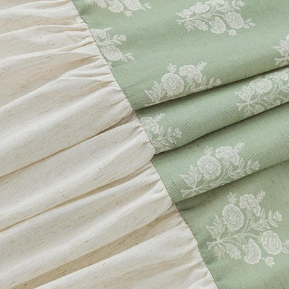 ORTIGIA Linen Textured Ruffle Shower Curtain with Metal Hooks, Green Vintage Block Print Floral Boho Waterproof Bath Curtain for Rustic Farmhouse Bathroom Decor 72x72 Inch