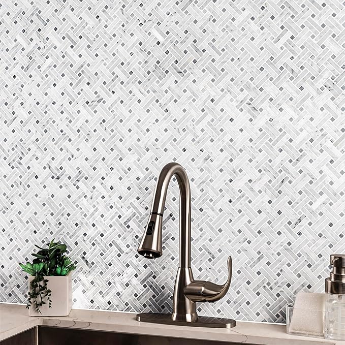 MSI Carrara White Marble Basketweave Tile for Kitchen Backsplash, for Bathroom, Accent and Shower Wall Tile, Mesh-Mounted Mosaic Tile, (10.3 sq. ft, 10 Pieces per case)