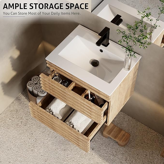 eclife 24" Floating Bathroom Vanity with Sink Combo Mid-Century Wall Mounted Cabinet with Wood Stripes Decor, Drawers, Undermount Single Sink, Faucet, Drain, Light Walnut