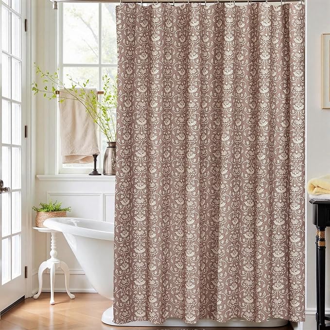 MUGINYU Camel Shower Curtain Vintage Floral Block Print - 72x72 Inches,Cotton Blend Cloth Fabric,Neutral Farmhouse Decorative French Country Bathroom Decor, Cottagecore Aesthetic Pattern
