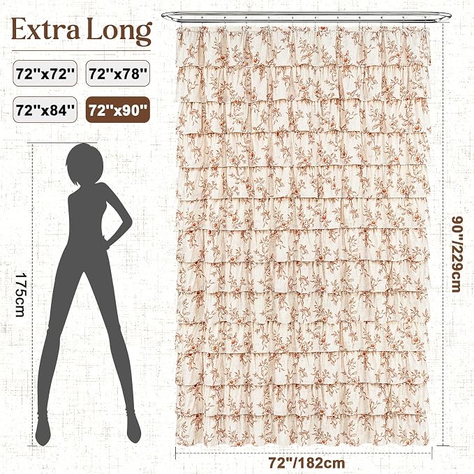 Fall Extra Long Ruffle Shower Curtains for Bathroom with Floral, 72"Wx90"L | Orange Floral Print, Ruflle Design, 12 Metal Hooks, Vintage Rustic Washable Waterproof Shower Curtain for Bathroom Bathtub