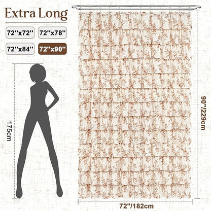 Fall Extra Long Ruffle Shower Curtains for Bathroom with Floral, 72"Wx90"L | Orange Floral Print, Ruflle Design, 12 Metal Hooks, Vintage Rustic Washable Waterproof Shower Curtain for Bathroom Bathtub